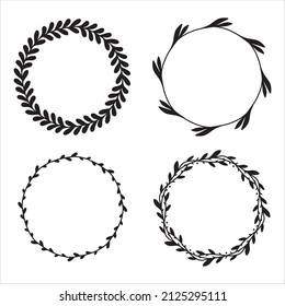 Set of 4 hand drawn spring wreaths isolated on white background, vector. Silhouette frames of leaves. Doodle style.Collection of floral monogram frames.