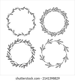 Set of 4 hand drawn spring wreaths isolated on white background, vector. Outline frames of leaves. Doodle style.Collection of floral monogram frames.
