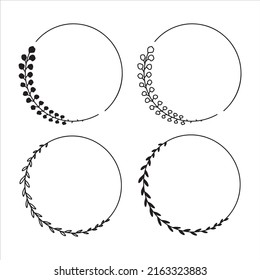 Set of 4 hand drawn spring wreaths isolated on white background, vector. Outline frames of leaves. Doodle style.Collection of floral monogram frames.