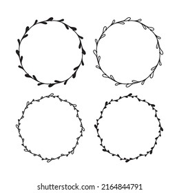 Set of 4 hand drawn spring wreaths isolated on white background, vector. Outline and silhouette frames with leaves. Doodle style.Collection of floral monogram frames.