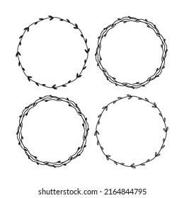 Set of 4 hand drawn spring wreaths isolated on white background, vector. Outline and silhouette frames with leaves. Doodle style.Collection of floral monogram frames.