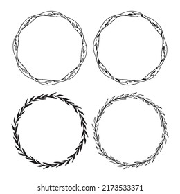 Set of 4 hand drawn spring wreaths isolated on white background, vector. Outline and silhouette frames with leaves. Doodle style.Collection of floral monogram frames.