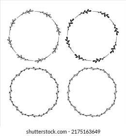 Set of 4 hand drawn spring wreaths isolated on white background, vector. Outline and silhouette frames with leaves. Doodle style.Collection of floral monogram frames.