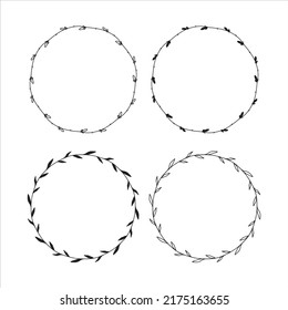 Set of 4 hand drawn spring wreaths isolated on white background, vector. Outline and silhouette frames with leaves. Doodle style.Collection of floral monogram frames.