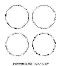 Set of 4 hand drawn spring wreaths isolated on white background, vector. Outline and silhouette frames with leaves. Doodle style.Collection of floral monogram frames.