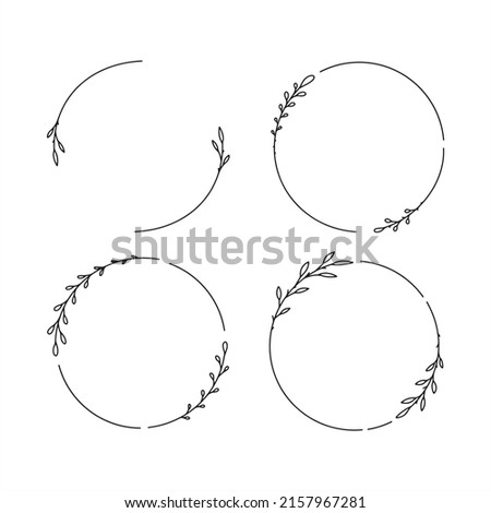 Set of 4 hand drawn spring wreaths isolated on white background, vector. Outline frames of leaves. Doodle style.Collection of floral monogram frames.