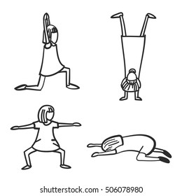 Set of 4 hand drawn vector illustration of girls practicing yoga - asana, meditation, sports, could be used as icons or logotype  