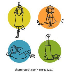 Set of 4 hand drawn vector illustration of girls practicing yoga - asana, meditation, sports, could be used as icons or logotype  