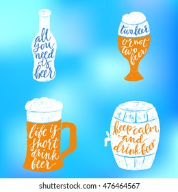 Set of 4 hand lettering beer phrases for pub, bar and Oktoberfest. Vector hand written brush pen calligraphy quote in bottle, glasses and barrel shape. Cute isolated letters on abstract background