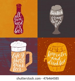 Set of 4 hand lettering beer phrases for pub, bar and Oktoberfest. Vector hand written brush pen calligraphy quote in bottle, glasses and barrel shape. Cute isolated letters on abstract background