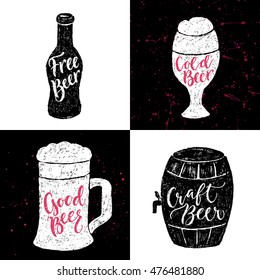 Set of 4 hand lettering phrases about beer for a pub, bar and Oktoberfest. Vector hand written brush pen calligraphy funny quote in a bottle, glasses and barrel shape