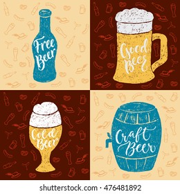 Set of 4 hand lettering phrases about beer for a pub, bar and Oktoberfest. Vector hand written brush pen calligraphy funny quote in a bottle, glasses and barrel shape