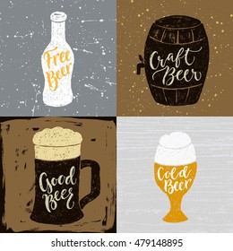 Set of 4 hand lettering phrases about beer for a pub, bar and Oktoberfest. Vector hand written brush pen calligraphy funny quote in a bottle, glasses and barrel form.