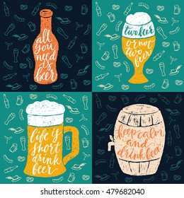 Set of 4 hand lettering phrases about beer for a pub, bar and Oktoberfest. Vector hand written brush pen calligraphy funny quote in a bottle, glasses and barrel form.