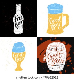 Set of 4 hand lettering phrases about beer for a pub, bar and Oktoberfest. Vector hand written brush pen calligraphy funny quote in a bottle, glasses and barrel form.