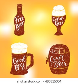 Set of 4 hand lettering phrases about beer for a pub, bar and Oktoberfest. Vector hand written brush pen calligraphy funny quote in a bottle, glasses and barrel form.