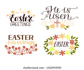 Set of 4 hand lettering quotes. He is risen. Easter blessings. Celebrate. Poster. Congratulations. Card Banner Greeting