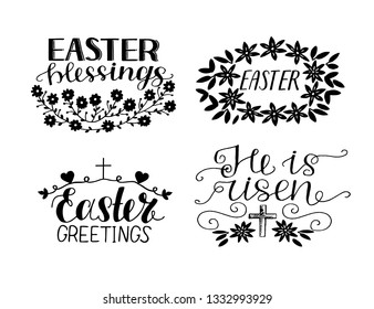 Set of 4 hand lettering quotes. He is risen. Easter blessings. Celebrate. Poster. Congratulations. Card Banner Greeting