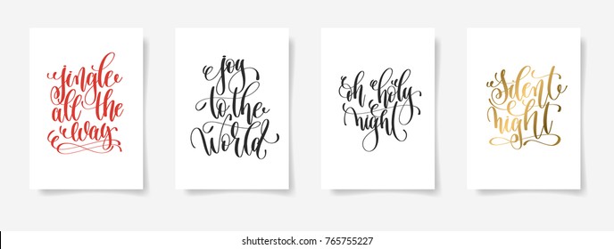 set of 4 hand lettering vector posters on a white sheet of paper - jingle all the way, joy to the world, oh holy night, silent night - calligraphy illustration collection