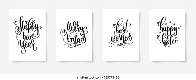 set of 4 hand lettering vector posters on a white sheet of paper - happy new year, merry xmas, best wishes, happy holi - calligraphy illustration collection