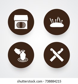 Set Of 4 Handcraft Icons Set. Collection Of Pincushion, Knitting, Vase And Other Elements.