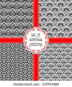 Set of 4 hand-drawn background with doodle ornaments. Seamless pattern for your design wallpapers, pattern fills, web page backgrounds, surface textures.