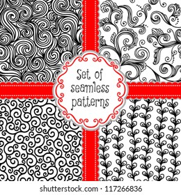Set of 4 hand-drawn background with floral and curls elements. Seamless pattern for your design wallpapers, pattern fills, web page backgrounds, surface textures.