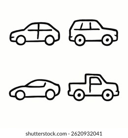 Um conjunto de 4 ícones de carro desenhados à mão em preto e branco. Inclui um sedan, SUV, carro esportivo e caminhonete. Estilo de esboço minimalista, ideal para a marca de transporte ou microstock.