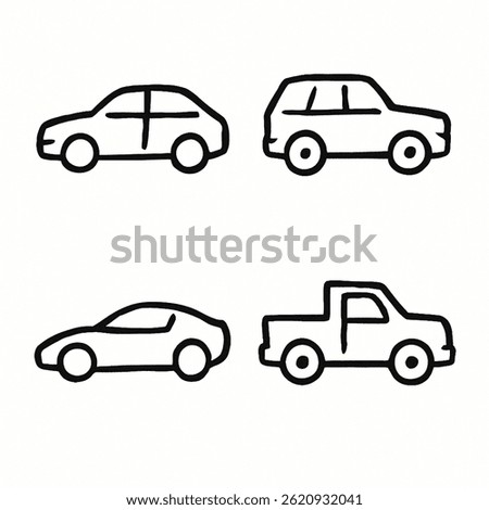 A set of 4 hand-drawn car icons in black and white. Includes a sedan, SUV, sports car, and pickup truck. Minimalist sketch style, ideal for transport branding or microstock.
