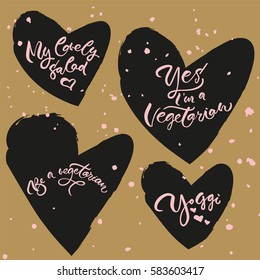 Set of 4 hand-drawn colorful vector typographic compositions: Yoggi, "Yes I'm a vegetarian", "Be a vegetarian", "My lovely salad". Lettering for the prints, carrying case, bags, wrapping paper, logo.