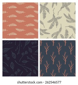 Set of 4 hand-drawn forest backgrounds. Seamless patterns