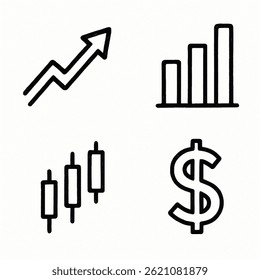 Um conjunto de 4 ícones geométricos desenhados à mão representando o mercado de ações. Inclui seta ascendente, gráfico de barras, gráfico de castiçal e sinal de dólar. Estilo minimalista em preto e branco.