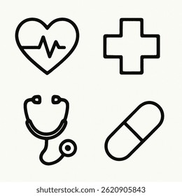 A set of 4 hand-drawn health icons in black and white. Includes a heart monitor, medical cross, stethoscope, and pill. Minimalist sketch style, perfect for medical branding or microstock.