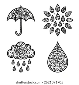 A set of 4 hand-drawn mandala icons in black and white. Features umbrella, raindrops, cloud with rain, and water droplet. Intricate symmetrical design, perfect for weather or decorative themes.