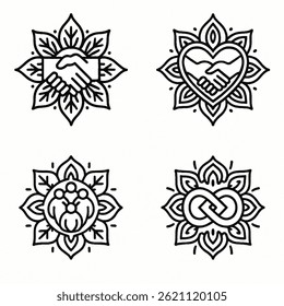 A set of 4 hand-drawn mandala icons in black and white. Features handshake, heart with hands, people circle, and chain. Intricate symmetrical design, perfect for friendship and unity themes.