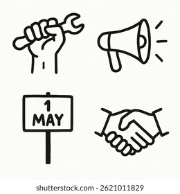 Un conjunto de 4 iconos dibujados a mano del Día de Mayo en blanco y negro. Incluye un puño con llave, altavoz, cartel de piquete “1 de mayo” y apretón de manos. Estilo de boceto minimalista para temas de activismo y trabajo.