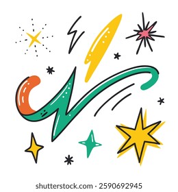 Set of 4 Hand-drawn sketch of a checkmark, underline, and spotlight. Arrow pointers, emphasis lines, highlight doodles, brush stroke elements. Vector illustration.