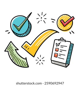 Set of 4 Hand-drawn sketch of a checkmark, underline, and spotlight. Arrow pointers, emphasis lines, highlight doodles, brush stroke elements. Vector illustration.
