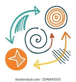 Set of 4 Hand-drawn sketch of a checkmark, underline, and spotlight. Arrow pointers, emphasis lines, highlight doodles, brush stroke elements. Vector illustration.