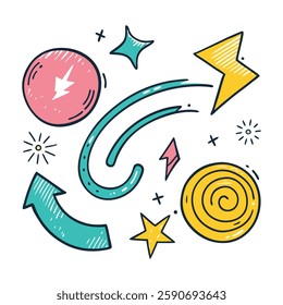 Set of 4 Hand-drawn sketch of a checkmark, underline, and spotlight. Arrow pointers, emphasis lines, highlight doodles, brush stroke elements. Vector illustration.