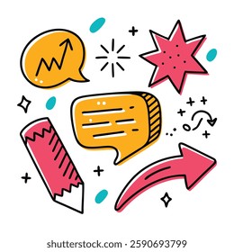Set of 4 Hand-drawn sketch of a checkmark, underline, and spotlight. Arrow pointers, emphasis lines, highlight doodles, brush stroke elements. Vector illustration.