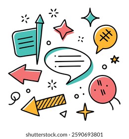 Set of 4 Hand-drawn sketch of a checkmark, underline, and spotlight. Arrow pointers, emphasis lines, highlight doodles, brush stroke elements. Vector illustration.