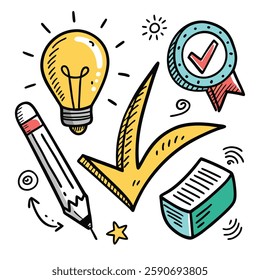 Set of 4 Hand-drawn sketch of a checkmark, underline, and spotlight. Arrow pointers, emphasis lines, highlight doodles, brush stroke elements. Vector illustration.