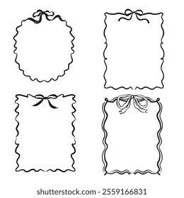 A set of 4 hand-drawn vector illustrations with elegant bows and frames in trendy 2025 line art style. Perfect for invitations, posters, branding, social media, and decorative designs.