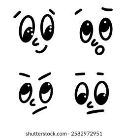A set of 4 hand-drawn vector illustrations of various cute cartoon faces with different emotions.