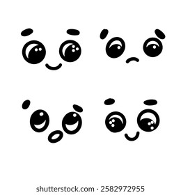 A set of 4 hand-drawn vector illustrations of various cute cartoon faces with different emotions.