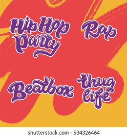 Set of 4 Hand-drawn Words (rap, hip-hop party, thug life, beatbox, yo). Hand-lettering tag.