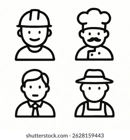 A set of 4 hand-drawn worker icons in black and white. Includes a construction worker, chef, office worker, and farmer. Minimalist sketch style, perfect for business or microstock use.