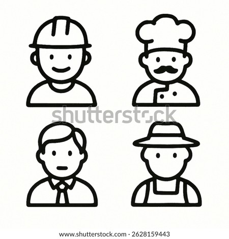 A set of 4 hand-drawn worker icons in black and white. Includes a construction worker, chef, office worker, and farmer. Minimalist sketch style, perfect for business or microstock use.
