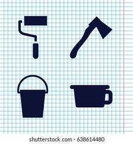 Set of 4 handle filled icons such as roller, axe, bucket